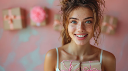 Happy birthday. Happy woman holding gift boxes isolated on pink background, dressed in white dress, standing over pastel colored wall, presenting gifts for birthday or Valentine's day celebrationの素材