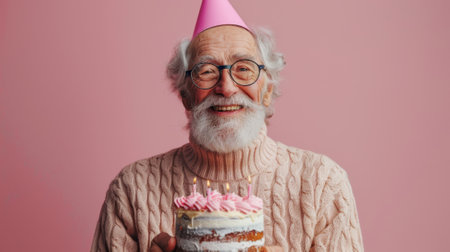 Happy birthday. Photo of happy senior man with birthday hat holding cake isolated on pink background, studio shot, pastel colors,の素材