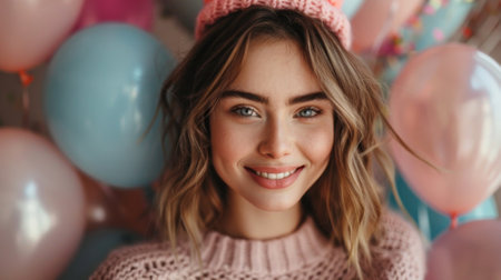 Happy birthday. photo of happy young woman wearing a pink sweater and a birthday hat holding balloons isolated on a pastel background, in a studio shotの素材