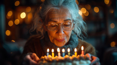Happy birthday. Radiant 60-year-old woman blowing candles on birthday cake, surrounded by adoring family. Embodying joy, love, and unity in a cherished milestone celebrationの素材
