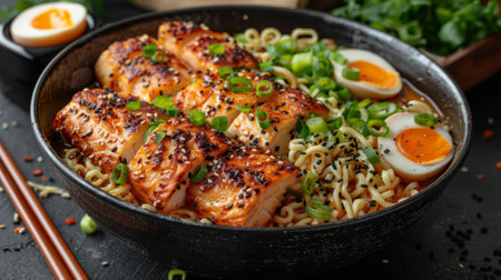japanese ramen with chicken, green vegetables and eggs in black plate on dark wooden background. Top view. Flat lay. Japanese food concept. Free space for text. High quality photo.の素材
