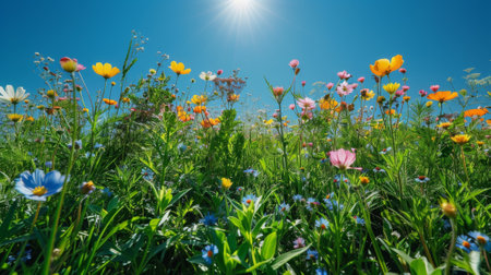 Lush green grass with a variety of wildflowers fills the lower portion and extends to the sides. Clear blue sky occupies the top half, leaving ample space for text overlayの素材