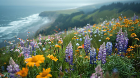 Wild flowers in the backdrop of the Oregon coast. cloudy dayの素材