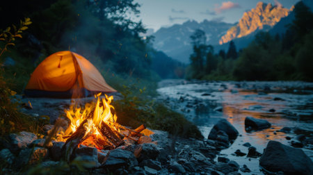 burning fire next to camp tent, near lake or river in mountain valley goes into the distance.の素材