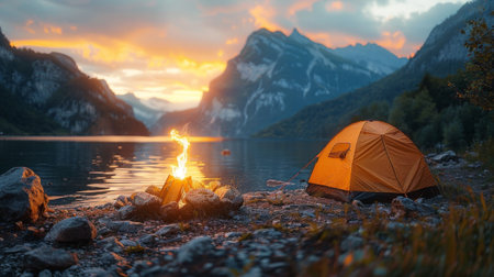 burning fire next to camp tent, near lake or river in mountain valley goes into the distance.の素材