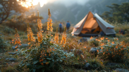 focus on flowers, tourist tent in mountains valley. soft backlight, light fog. concept of travel and adventure.の素材