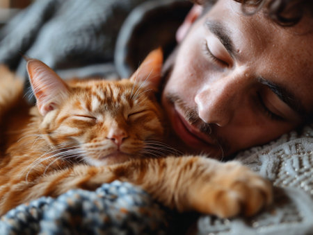 A man napping on a couch, his cat curled up on his chest.の素材