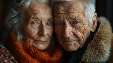 Friendship Day, a worldwide celebration of human connection. A portrait of two elderly friends reminiscing about their shared past, their faces etched with the memories of a lifetime of friendship.の素材
