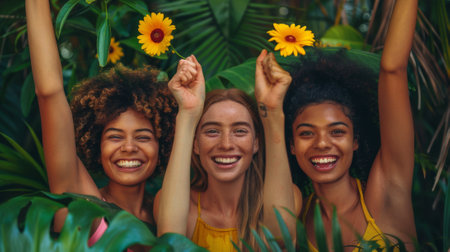 Friendship Day, a worldwide celebration of human connection. A scene of friends celebrating a personal victory, their shared joy and pride reinforcing the importance of their friendship.の素材
