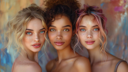 Friendship Day, a worldwide celebration of human connection. 3 beautiful smiling women posing together, in the watercolor style, warm colors, happy mood. diversity conceptの素材