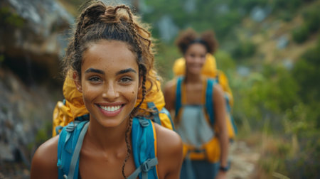 Friendship Day, a worldwide celebration of human connection. A group of friends hiking through a scenic trail, their laughter echoing through the trees, their bond strengthened by shared experiences.の素材