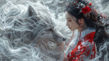 Mythical creatures. A Japanese fox woman wearing red and white Hanfu, with long hair adorned with flowers on her head, stands next to an ancient Chinese-style silver-white foxの素材