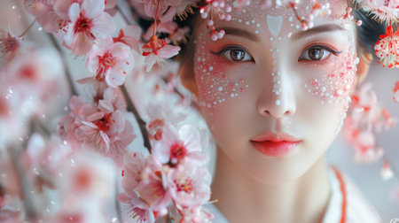 Mythical creatures. girl in kimono, with kitsune fox mask on her face, and the delicate beauty of the cherry blossoms.の素材