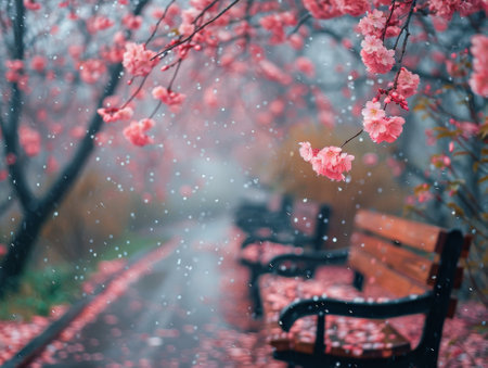 Rain falling on cherry blossoms. Background Wet bench. Melancholy. Realistic photo.の素材