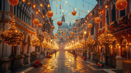 Venetian Carnival. Lavish decorations adorn piazzas and buildings, transforming the city into a mesmerizing spectacle of color and light.の素材