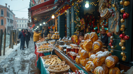 Venetian Carnival. Vendors: Vendors set up stalls offering delectable treats, handcrafted souvenirs, and carnival-themed trinkets, enticing visitors with their wares.の素材
