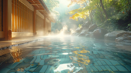 Japan. The air is filled with the gentle steam and soothing aroma of mineral-rich water, creating an atmosphere of serenity and escape from the hustle and bustle of daily life.の素材