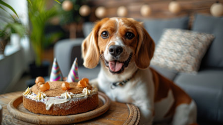 Happy birthday. A beagle sitting on the sofa, next to it is an elegant wooden tray with birthday cake and party hats. In front of him there's a small table decorated for his first birthday.の素材