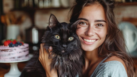 Happy birthday. A happy woman holds her black cat in the kitchen. Next to them is a purple cake on the tableの素材