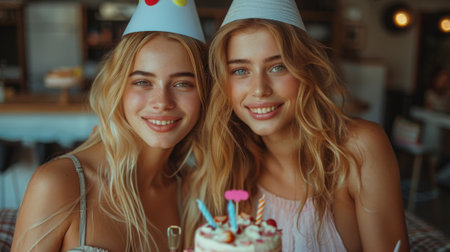 Happy birthday. Photo of a mother and daughter wearing birthday hats celebrating the woman's birthday at home, while one holds out cake with a present behind her back,の素材