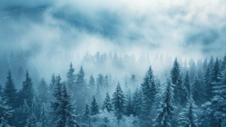 Winter season. Misty landscape with fir forest in hipster vintage retro styleの素材