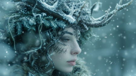 Winter season. Misty landscape. Enchanting woman with antler crown in snowy forest. Winter fantasy concept. Pagan Christmas, New Year and Yule celebration.の素材