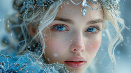 Winter season. The Enchanting Winter Court. A close-up shot of a snow queen, her icy crown and flowing gown radiating an aura of power and elegance.の素材