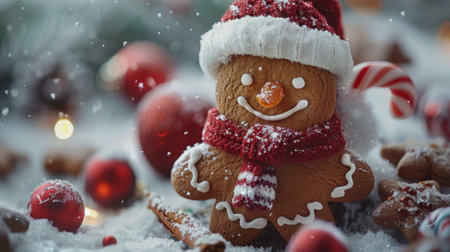 Winter season. The Legendary Winter Creatures. A cheerful gingerbread man with a candy cane hat and a sprinkle of cinnamon sugar, exuding the sweet and festive spirit of the holidays.の素材