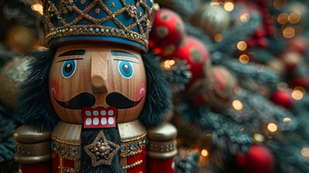 Winter season. The Legendary Winter Creatures. A valiant nutcracker prince, his wooden form adorned with intricate carvings and a determined expression, ready to defend the Christmas spirit.の素材