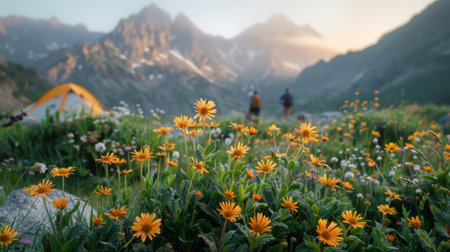 focus on flowers, tourist tent in mountains valley. soft backlight, light fog. concept of travel and adventure.の素材