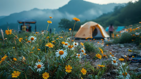 focus on flowers, tourist tent in mountains valley. soft backlight, light fog. concept of travel and adventure.の素材