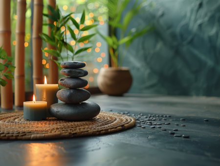 Photo of modern style, closeup view, Zen stones and bamboo on the table with light green background, candlelight in corner, spa concept, copy space for text, space at top for design.の素材