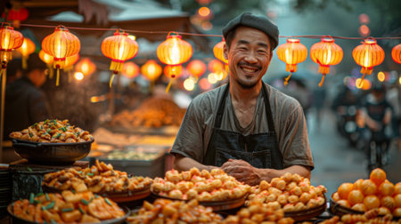 Chinese Lantern Festival. Vendors: Street vendors provide a culinary journey, offering traditional snacks and beverages that tantalize taste buds and enhance the festival experience.の素材