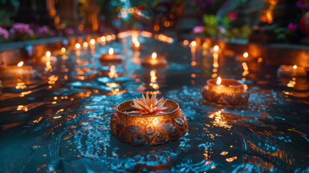 Loy Krathong Festival. The gentle lapping of the water against the krathongs creates a soothing and calming sound.の素材
