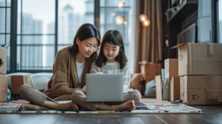 Moving. Asian mother and daughter sitting on the floor in their new apartment, surrounded by moving boxes, reading from an laptop together. The room has modern furnitureの素材