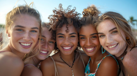 Friendship Day, a worldwide celebration of human connection. diverse young women, are smiling while standing close together on the beach under clear blue skies.の素材