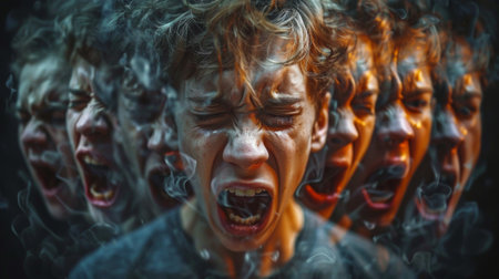 Mental Problem. Anxiety disorder. A young man with multiple faces showing different emotions, with screaming and angry expressions on his face. Dark background.の素材