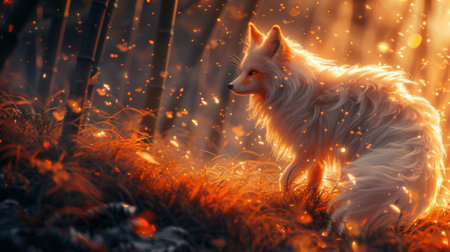 Mythical creatures. A mischievous kitsune with nine tails, playfully leaping through a moonlit bamboo forest --ar 16:9 --style raw --stylize 700 Job ID: 9a87076e-68cd-4a6d-ba9a-8eac7a64b1c8の素材