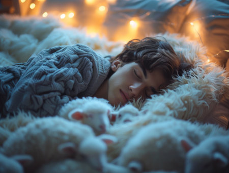 person attempting to fall asleep while counting sheep. Picture them lying in bedの素材