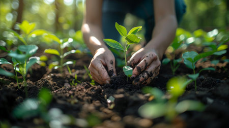 A volunteer planting trees in a deforested area, their hands covered in soil, contributing to the restoration of the ecosystem.の素材