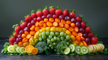 Healthy Lifestyle. Rainbow Method balanced eating. A colorful and visually appealing salad composed of a variety of fruits and vegetables, arranged in a creative and artistic manner,の素材