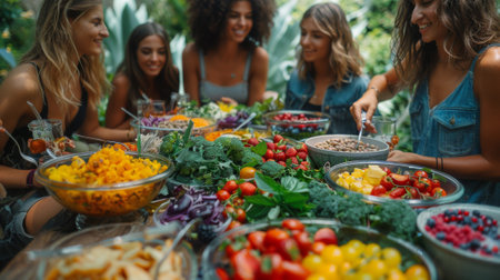 Healthy Lifestyle. Rainbow Method balanced eating. A scene of a group of friends sharing a rainbow salad at a picnic, representing the social and enjoyable aspects of healthy eating.の素材