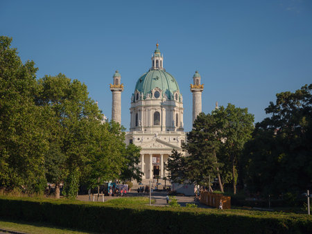 Vienna, Austria - 31 July 2023: Karlskirche church on Karlsplatz square at sunset. Discovering Vienna in summer architecture and culture,の写真素材