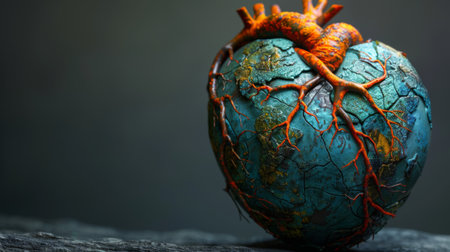 Earth as a Living Organism: Earth depicted as a living organism with veins, arteries, and a beating heartの素材