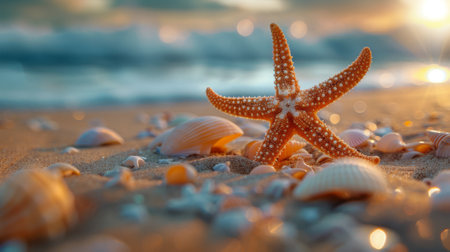 starfish and shells lie on the sand against the backdrop of the tropical sea at sunset time. Tropical Seashoreの素材