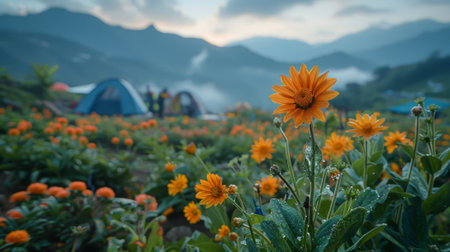 focus on flowers, tourist tent in mountains valley. soft backlight, light fog. concept of travel and adventure.の素材