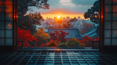 view from the window of Japan. Soft backlight. cozy and warm apartment view from window of downtown city and lamp inside of typical small apartment building roomの素材
