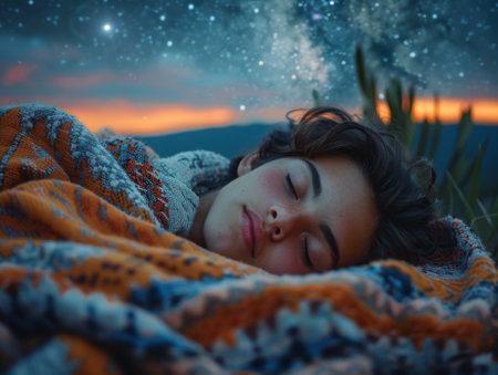 world sleep day. A person sleeping peacefully, wrapped in a blanket, against a starry skyの素材