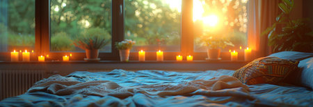 bedroom cozy with lights and candles in evening time, nobody.の素材