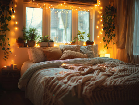 bedroom cozy with lights and candles in evening time, nobody.の素材